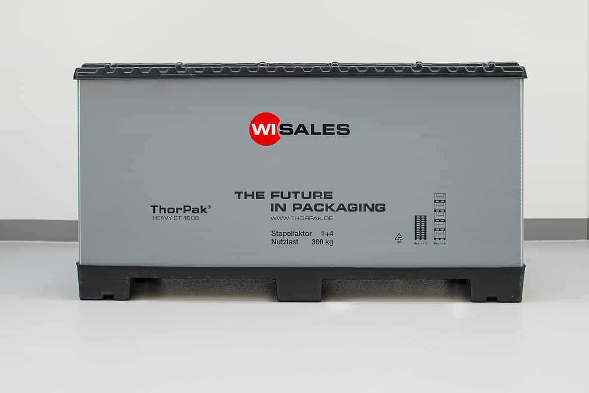 Foldable container individual dimensions, foldable container adapts to the component. Twin/single sheet pallet (with steel reinforcement) welded, with locator for locking the container ring. Container ring made of Aircell® 10mm/3000g. Twin/Single Sheet lid welded with latches for locking onto the container ring.   