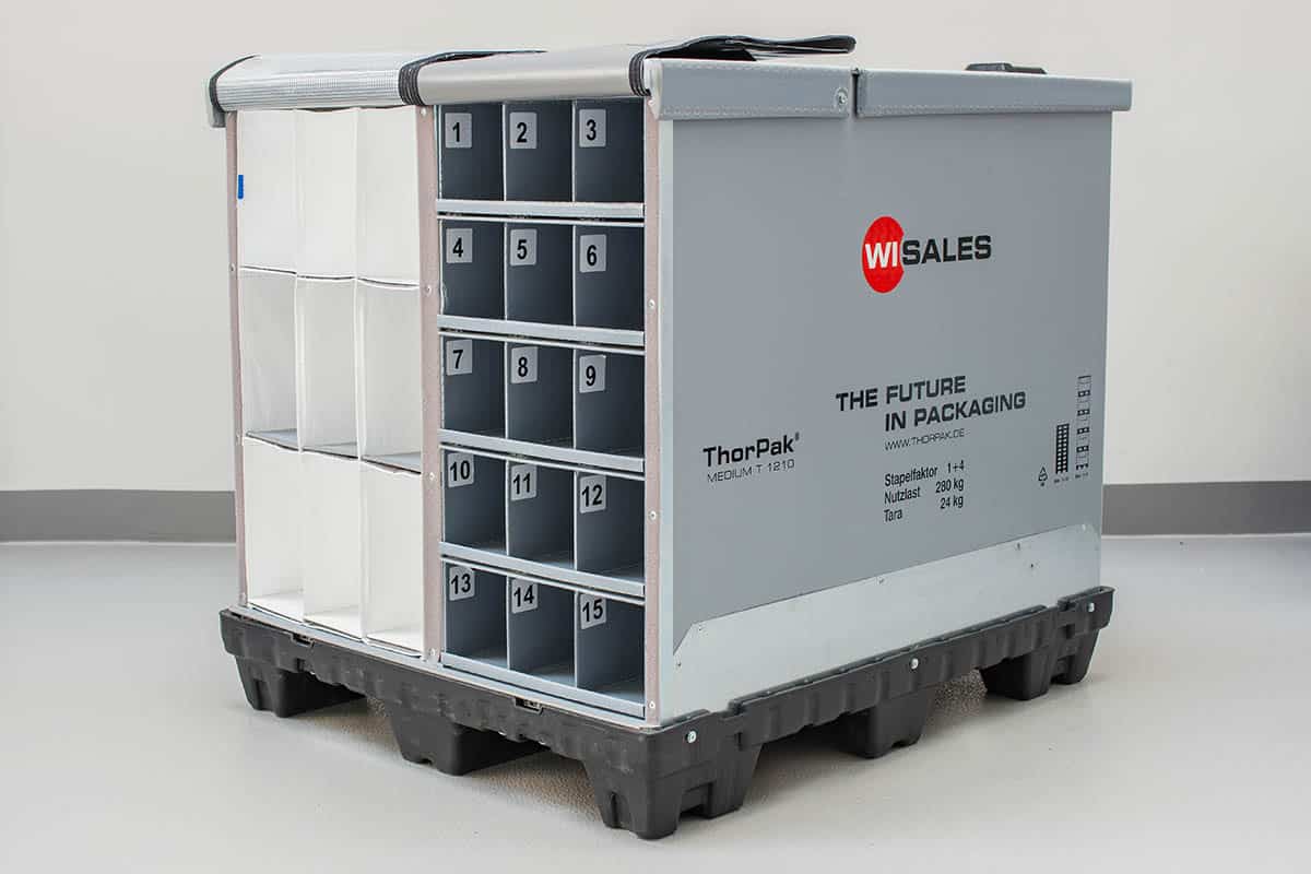 thorpak_solution_steel Foldable large load carriers/steel racks for the transport of sensitive components. ThorPak® systems/steel frames in combination with pocket systems, foam inserts, compartments, textile pockets, deep-drawn intermediate layers and toothed strips.